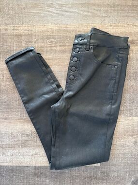 Black Women's High-Rise Button-Front Coated Black Jeans